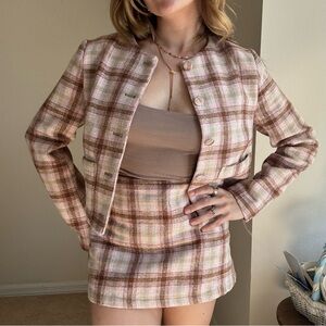 Plaid Two-Piece Jacket and Mini Skirt Set in Blush & Taupe